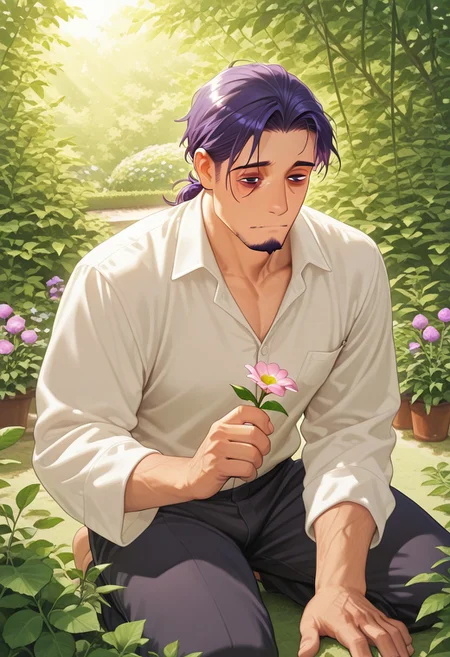 1boy, mbti_intp, mature man, purple eyes, droopy eyes, eye bags, tied hair, goatee, kneeling in a lush garden, examining a flower, wearing a comfortable linen shirt, soft sunlight filtering through leaves, surrounded by vibrant flora, a gentle and curious expression, natural and charming aesthetic, detailed botanical elements