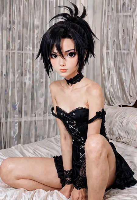 score_9, score_8_up, score_7_up, source_anime,
hyper detailed, realistic, cinematic photo, film grain,
kkcmkt, short hair, black hair, antenna hair, hair between eyes, black eyes, flat chest, small breasts,
<lora:KikuchiMakoto_pony_v1:0.9>
Woman gothic, small medium boob, A person sitting with legs spread apart and hands resting on knees, short hair, Ponytail hairstyle, Tall body with an elongated frame, Shy and blushed expression, dressed as a sexy Goth, (Subject is placed in the center of the frame), (Focusing closely on the subject), in a bedroom, long legs,