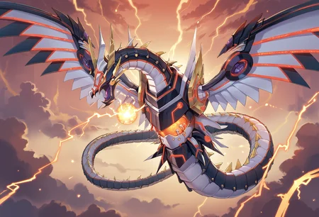 (score_9:0.9),score_8_up,score_7_up,rating_safe,(zPDXL3),
<lora:Cyber Dragon Infinity ponyXL v1.12:0.74>,
cyber dragon infinity, electricity, spikes, solo, glowing, energy ball, yellow lightning, scales, mecha dragon, open mouth, spread wings