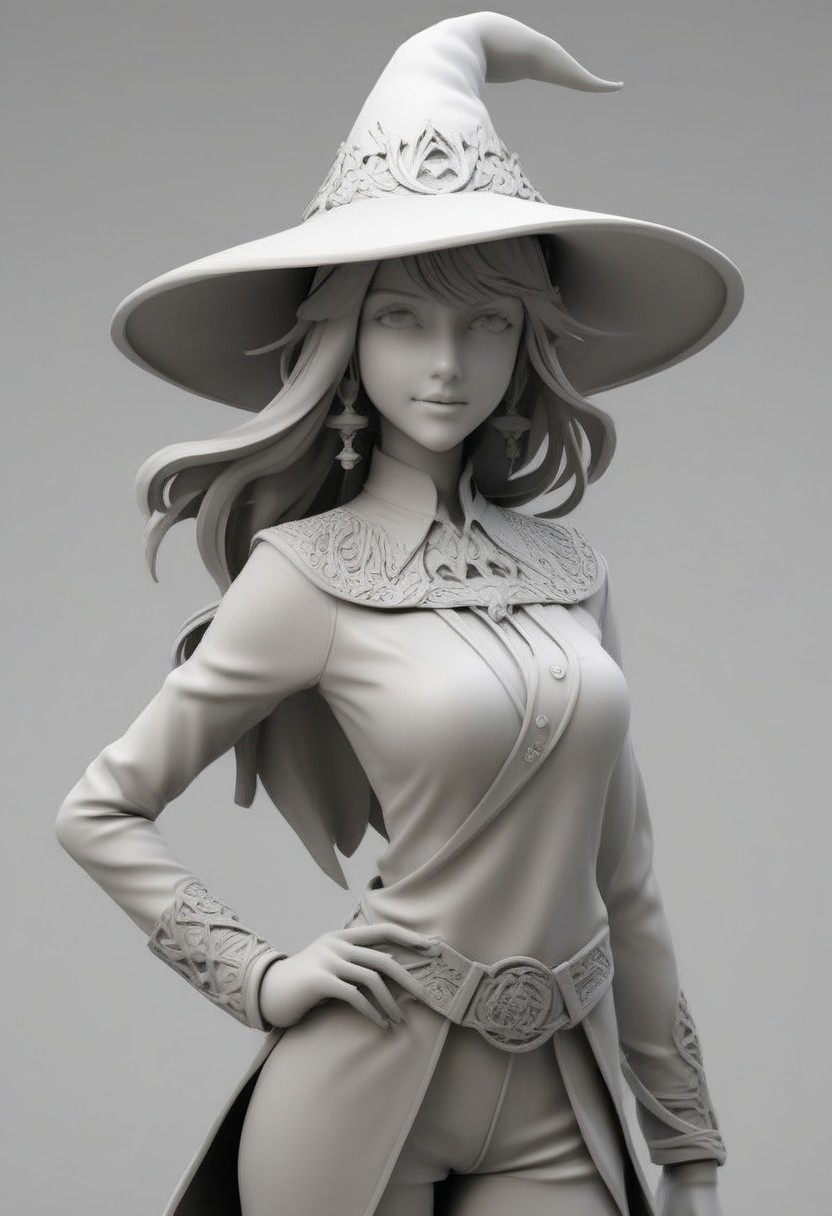 whitemold,3d printed mold,art style,greyscale,monochrome, score_9, score_8_up, score_7_up, score_6_up, PRSNL, 1girl, solo, brown hair, brown eyes, parted bangs, long hair, large breasts, witch hat, black sweater, red apron, black pants, looking at you, smile, indoors, hat over one eye. close-up portrait, chain, belt, rkinsti1, 1girl, indian, woman, female, lady, fully dressed.