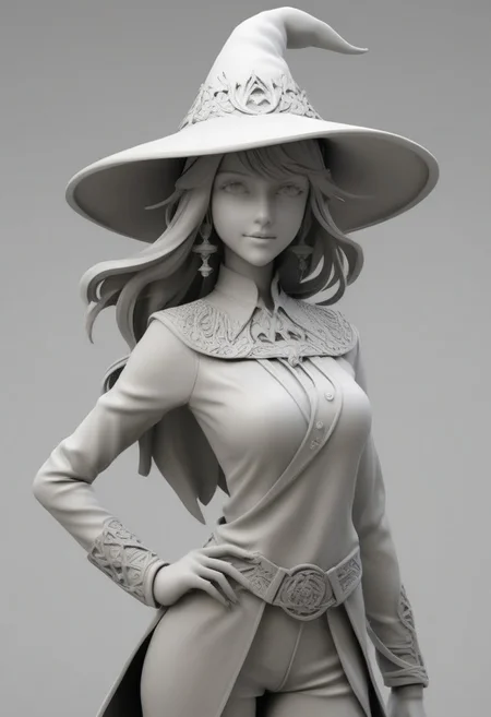 whitemold,3d printed mold,art style,greyscale,monochrome, score_9, score_8_up, score_7_up, score_6_up, PRSNL, 1girl, solo, brown hair, brown eyes, parted bangs, long hair, large breasts, witch hat, black sweater, red apron, black pants, looking at you, smile, indoors, hat over one eye. close-up portrait, chain, belt, rkinsti1, 1girl, indian, woman, female, lady, fully dressed.