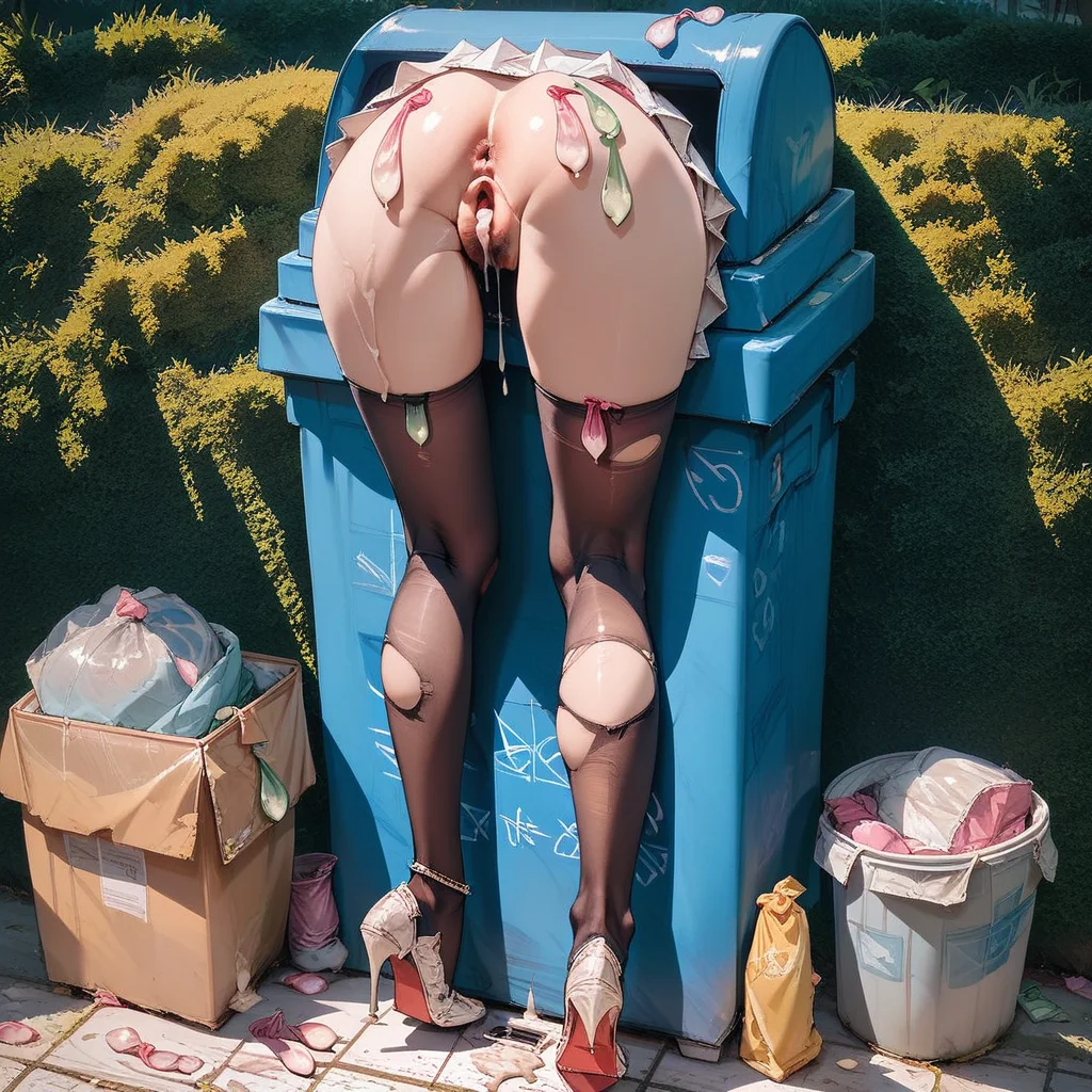 Score_9, score_8_up, score_7_up, tr4sh-can-s3x, trash can, in container, stuck, lower body, ass, anus, pussy, public use, 1girl, condom, ass, anus, used condom, torn thighhighs, solo, pussy, thighhighs, torn clothes, cum, high heels, outdoors, box, after sex, black thighhighs, trash can, skirt, stuck, from behind, after vaginal, tally, brown thighhighs, cumdrip, multiple condoms, pubic hair, pleated skirt, cum in pussy, trash bag