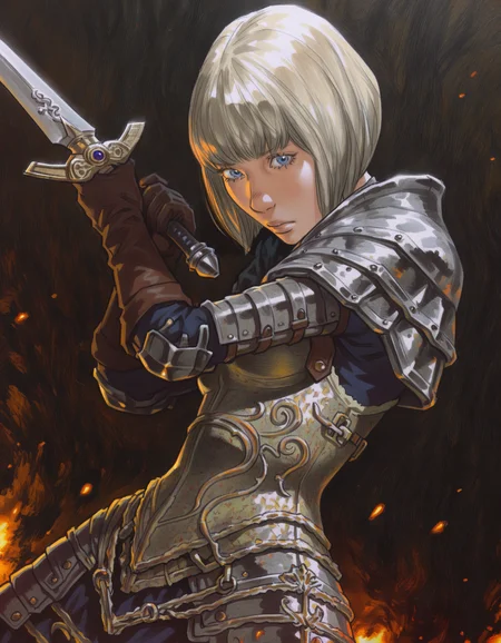pixel-perfect masterpiece, best quality, highres, highly detailed, (traditional media, painting \(medium\), painterly, jaggy lines, bold outlines, oil painting \(medium\):0.5),
solo, pretty turned head, dynamic, expert shading, Highlights and Lowlights effect ,Melancholic overall style style of dark souls \(series\),
1girl, plated armor, detailed face, skin texture, stance, holding a claymore sword,
curled platinum blonde hair, bob cut, blue eyes with eyelashes, shaded face,
<lora:Sabudenego v-pred:0.75> <lora:Simple Manga Drawing Illustrious:0.75>