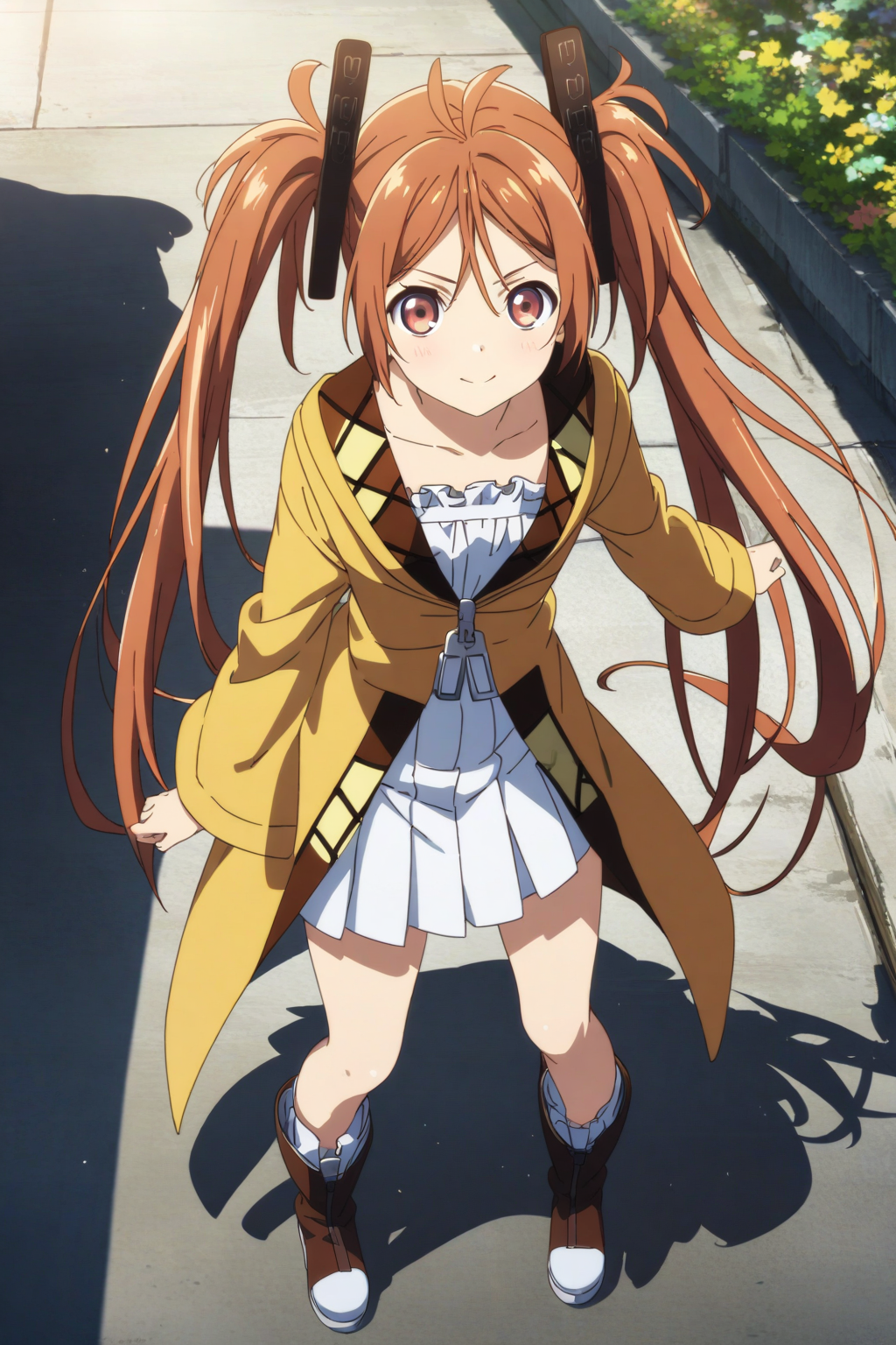 aihara_enju, brown hair, brown eyes, black hair clip, twin tails, long hair, flat chested, white dress, orange jacket, white pleated skirt, full body, black boots, anime coloring<lora:XL-AiharaEnju:1>, (masterpiece),(best quality),(ultra-detailed),(best illustration),(best shadow),(absurdres),(detailed background),(very aesthetic),
