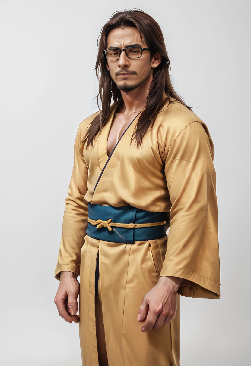 <lora:MilfredPXL-2:1> milfredpxl, (realistic), solo, simple background, white background, male focus, japanese clothes, kimono