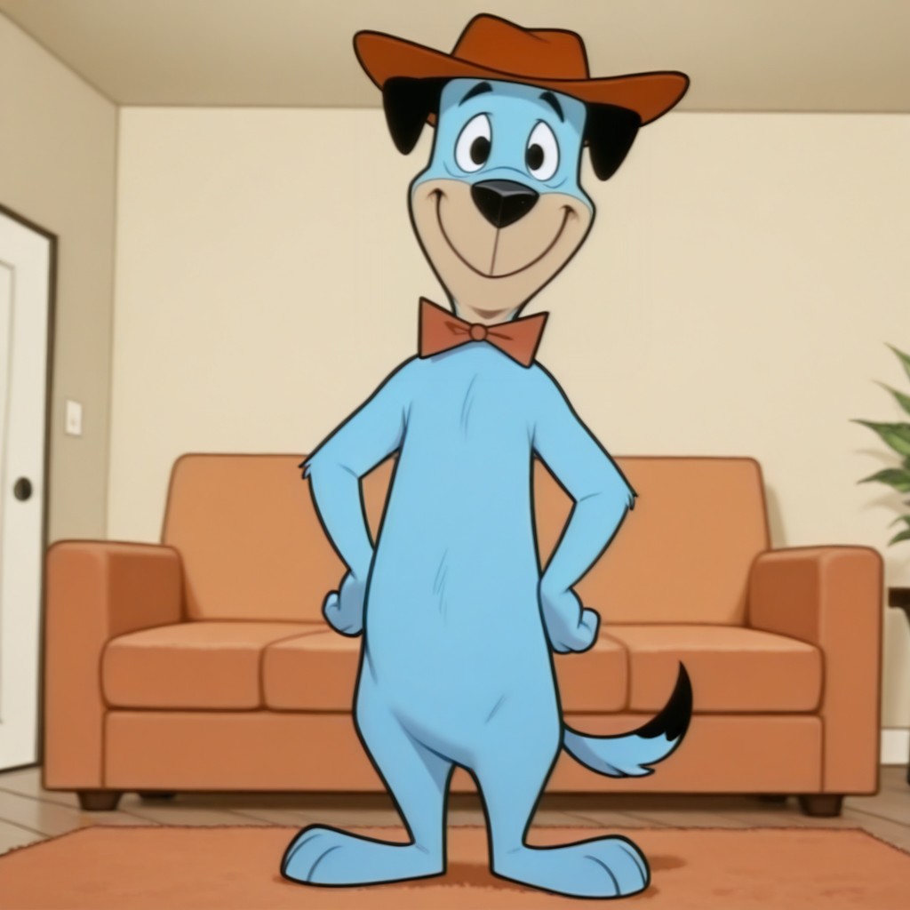 masterpiece, best quality, amazing quality,  hucklehound, male, furry male, anthro, solo, dog, blue fur, black eyes, tan muzzle, black nose, droopy ears, tail, red bowtie, yellow hat, standing, happy, hands on hips, looking at viewer, indoors, living room