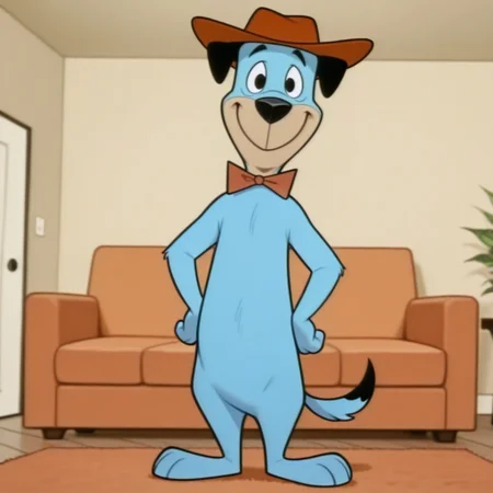masterpiece, best quality, amazing quality,  hucklehound, male, furry male, anthro, solo, dog, blue fur, black eyes, tan muzzle, black nose, droopy ears, tail, red bowtie, yellow hat, standing, happy, hands on hips, looking at viewer, indoors, living room