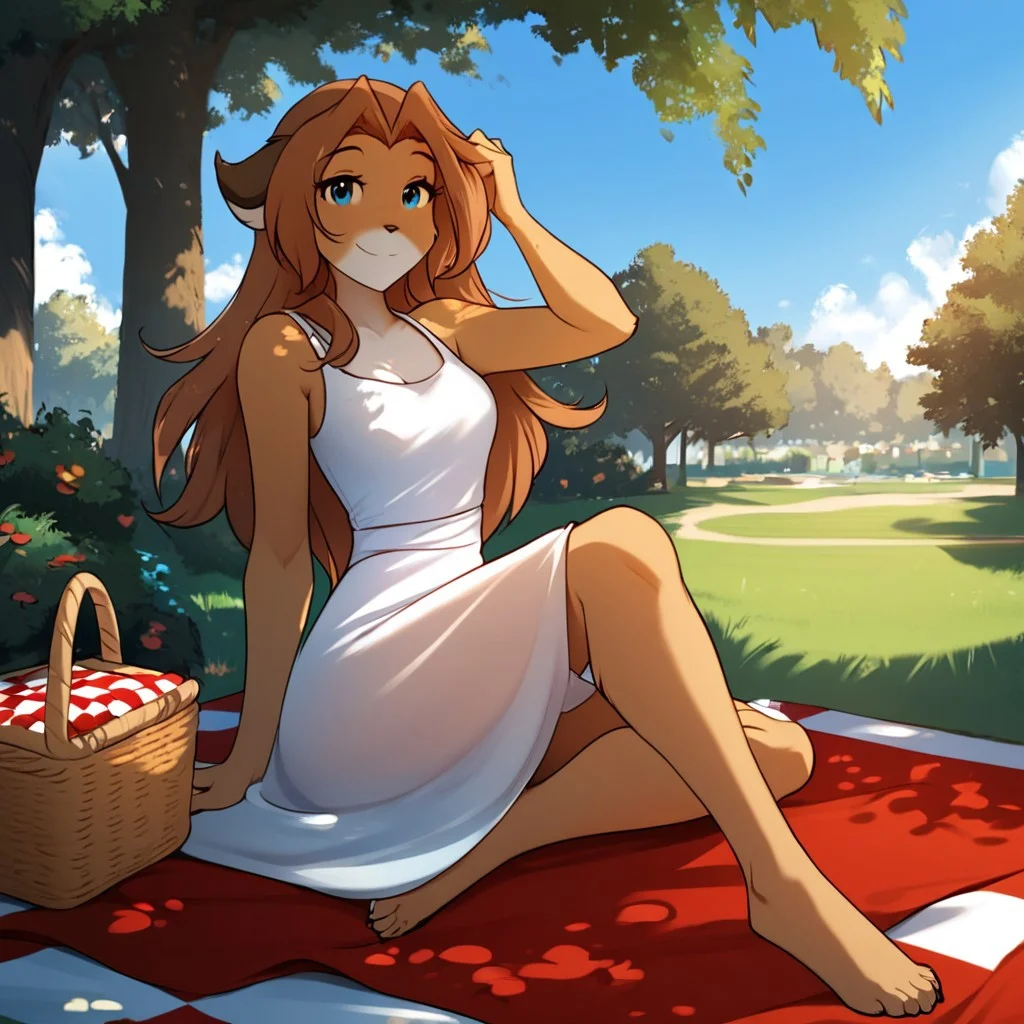 score_9, score_8_up, score_7_up, masterpiece, best quality, good quality, source_furry, Expressiveh, outdoors, park, grass, trees, blue sky, picnic towel, picnic basket, 1 girl, solo, laura-twokinds, white summer dress, barefoot, sitting on the towel, fixing hair, looking at viewer, smile