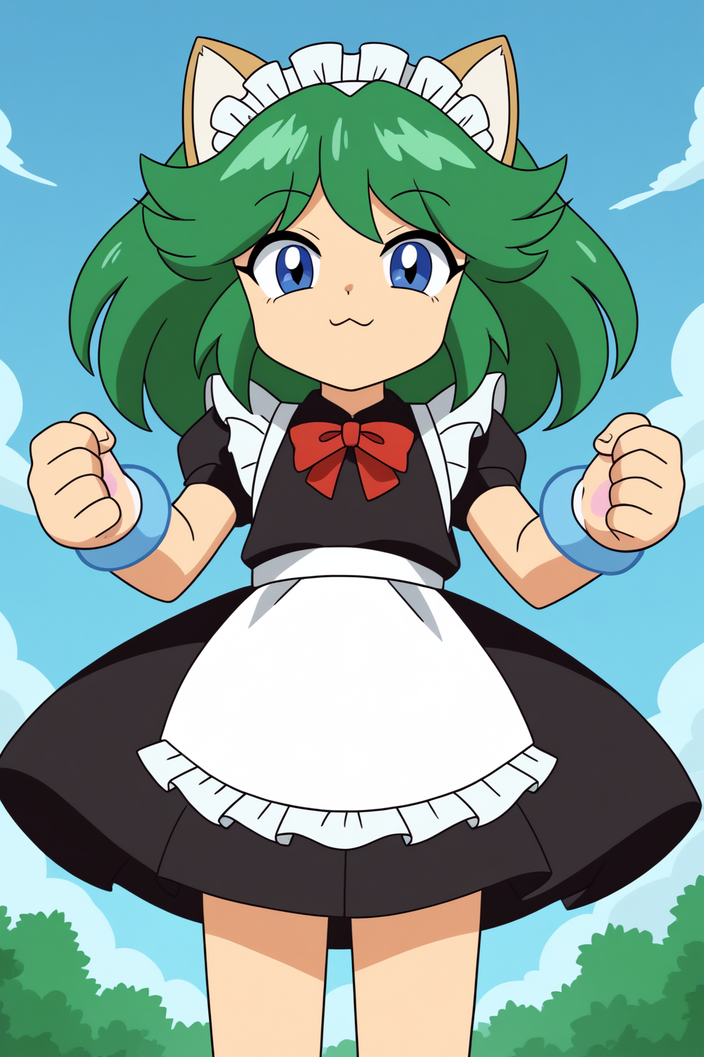 rating_safe, perspective, looking at viewer, leia_the_cat, anime screencap, maid, green hair <lora:Game_Tengoku-Leia_the_cat-PDXL:0.8>