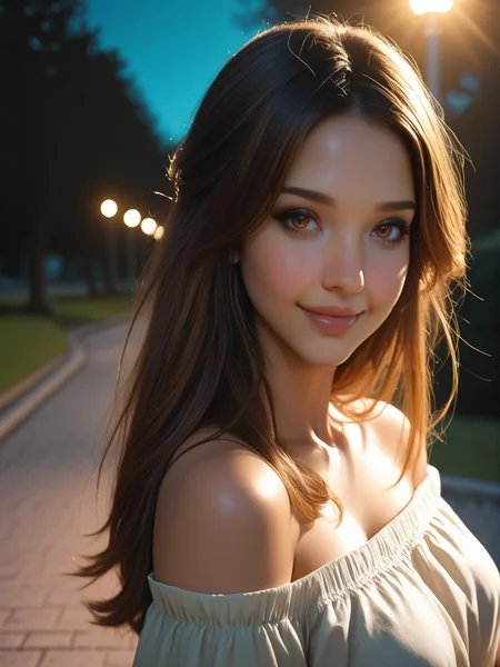 masterpiece, best quality, very aesthetic, dynamic lighting, realistic, 1 woman, solo, cinematic, <lora:JAlbDS:1> JAlbDS, brown eyes, looking at viewer, <lora:MoriiMee_Gothic_Niji_Style_Illustrious_r1:0.5> <lora:Beautiful_Girls_V4:0.5>, out on a late night walk, suggestive, cowboy shot, graceful, slight smile, park, night, soft light, pale moon, off-shoulder dress