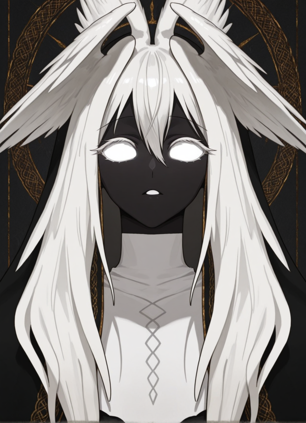 masterpiece, best quality,1girl, miria,  white eyes, white hair, long hair, head wings, colored skin, <lora:Miria:1>