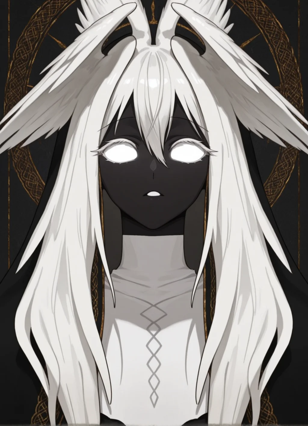 masterpiece, best quality,1girl, miria,  white eyes, white hair, long hair, head wings, colored skin, <lora:Miria:1>