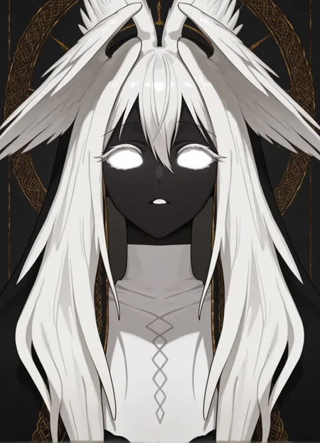 masterpiece, best quality,1girl, miria, white eyes, white hair, long hair, head wings, colored skin, <lora:Miria:1>