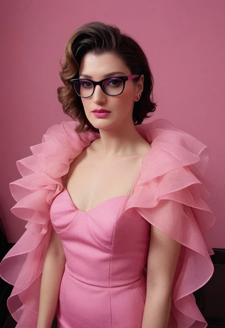 ((Introduce quality iteratively))((unambiguous unequivocal sampling))(extreme haute couture pink cocktail dress)(detailed skin, pores, sweat, blush, imperfections)(mysterious, ethereal, intimidaitng. cinematic lighting, epic cinematic color style)(inspired by style of David Lynch and Stanley Kubrick doing things never done before)(pure sharpness)(k black point)((art of greatness))(magnificent gradients)((blacklight ultraviolet colors complementary saturated hues))((vignette))f(x)Thriller. Glasses.