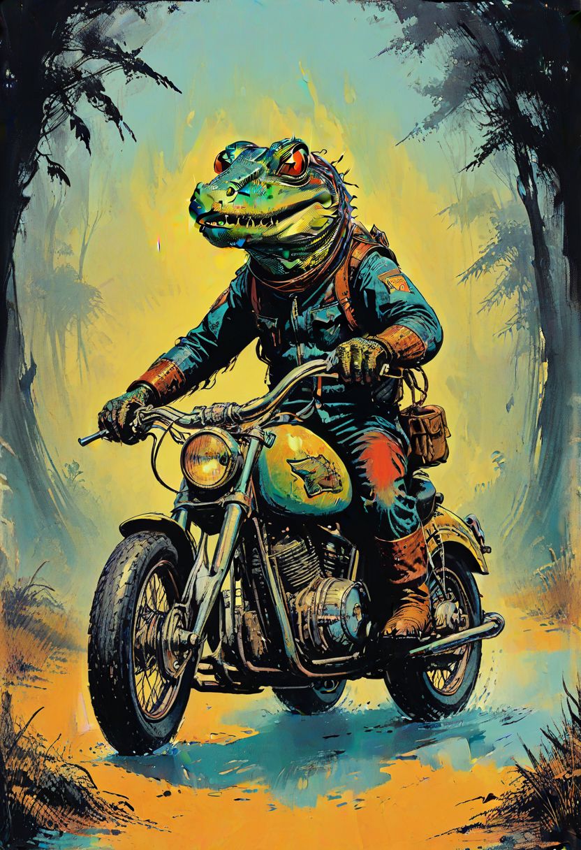 impactful color paint of old book illustration, 1950s retro science fiction gator driving motorbike, muted colors, art by jean baptiste monge, masterpiece  <lora:Bold_Pop:0.6>  highly detailed, vibrant colors , 8k, sharp, professional, clear, high contrast, high saturated, , vivid deep blacks, crystal clear