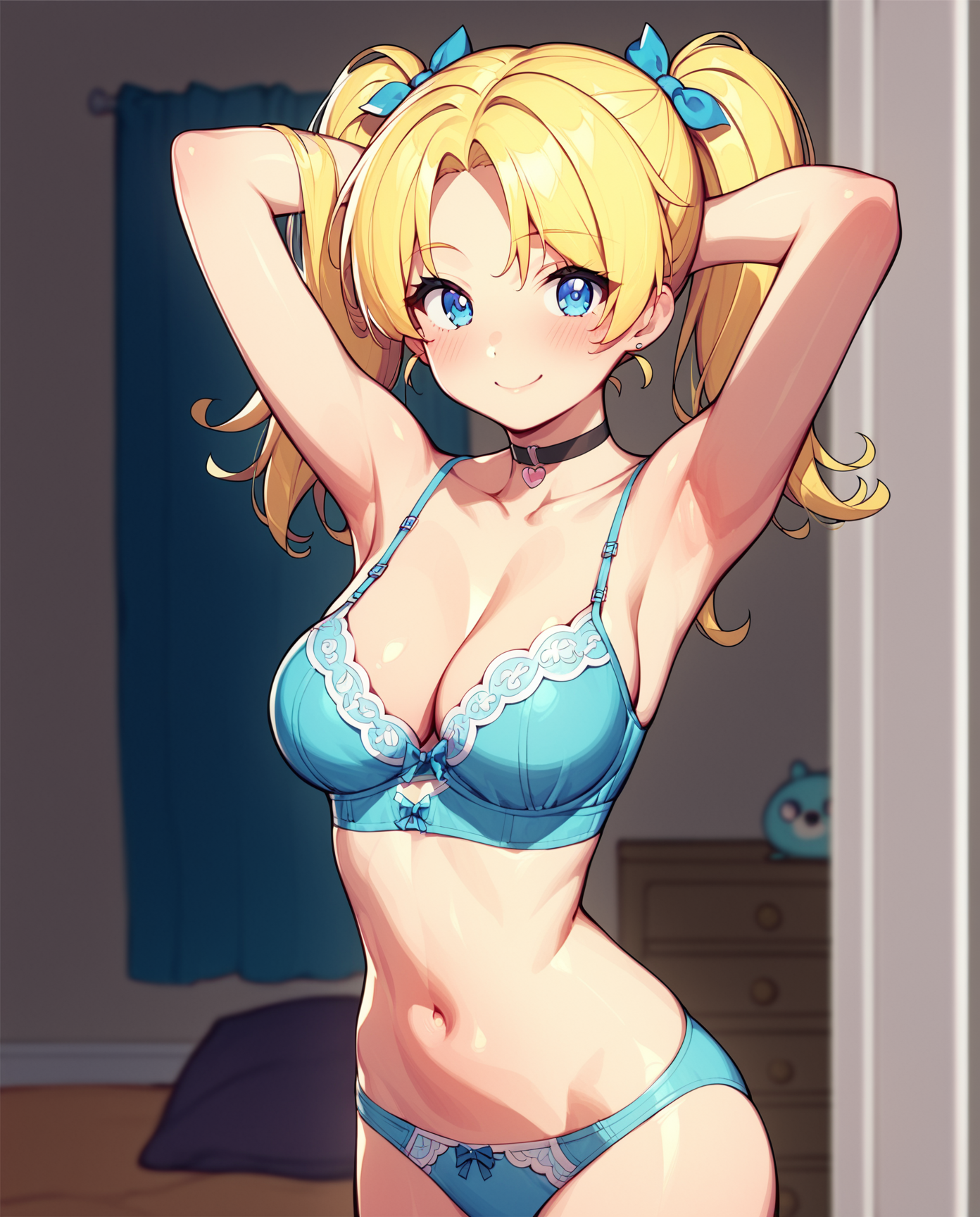 score_9, score_8_up, score_7_up, source_anime, BREAK  1girls, solo, (Bubbles (Powerpuff girls), blonde hair, pigtails, blue eyes), looking at viewer, breasts, cleavage, cowboy shot, choker, smile, blush, bare shoulders, bare arms, bra, panties, underwear, bedroom, navel, collarbone, hands behind head, <lora:Adult_Powerpuff_Girls:1>, rating_questionable