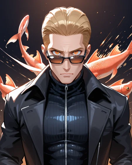 PonyScores7, source_anime, ah1, best quality, (masterpiece:1.4), (high quality:1.4), sharp focus, 4k, absurd resolution, <lora:albertwesker-guy-PONYv1:0.8> albertwesker, albert wesker, 1boy,  blonde, black gloves, (sunglasses:1.3), belt, black coat, black pants, looking at viewer, toned, athletic, fit, slicked back hair, black turtleneck, zipper, mature male, black boots, (stellar physicist, with a particle accelerator conducting experiments to unlock the mysteries of the universe showing intellectual curiosity and perseverance), (Fish farm), bad-hands-5, (Taciturn, A face marked by reticence and a reluctance to speak or emote), <lora:xl_more_art-full_v1:0.2>, <lora:shinyskin2:0.2> glistening skin, <lora:aesthetic_anime_v1s:0.2>, <lora:Expressive_H:0.2> Expressiveh, <lora:hairdetailpxl:0.2> hairdetailpxl, <lora:detailxl:0.2> detailxl, (Establishing shot), (focused, intense glare), slit pupils, short hair, (reddish orange eyes), best quality, amazing quality, best aesthetic, absurdres, <lora:expressive eyes:0.2> expressive eyes, <lora:eyedetailpxl:0.2> eyedetailpxl, illustration, Volumetric_Lighting, ultra-detailed, very aesthetic, intricate details, 8k, masterpiece, best_quality, (angular face, sharp_featured face), <lora:Eyes_High_Definition:0.4> EyesHD,
