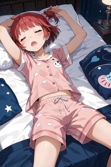 score_max, (score_9, score_8_up, score_7_up:1.2), score_6_up, official art, source_anime,
, masterpiece, absurdres, high detail, 8k,
night, dark room, bed, bed sheet, cushion, from above,
on back, sleeping, arms up, spread legs, nose bubble, closed eyes, blush, open mouth, drooling, looking away,
solo, jigita, red hair, short hair, one side up, hair scrunchie, pink pajamas, collarbone, short sleeves, short pants, bare legs,
<lora:XL_Pony_gomaotsu-digitalis-t1:1>