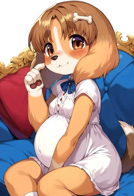 Solo, 1girl, female, young, small body, shortstack, cute face, furry, dog ears, dog tail, dog girl, small breast, body fur, bone hair ornament, brown hair, brown eyes, animal nose, bangs, thick eyebrows, short hair, detailed eyes, detailed skin, detailed eyes, perfect face, blush, smile, BREAK white dress, pregnant, BREAK seated on couch, house, couch, colorful, looking at viewer, ((ultra-detailed)), ((best quality)), ((best quality)), ((beautiful eyes)), ((extremely detailed)), 4K, (8K), best quality, (beautiful), Master piece, highres, score_9, score_8_up, score_7_up, score_6_up, score_5_up, score_4_up, colorful, best quality, official art, highres, masterpiece, nai3, god light, detailed background, high quality background, white background, solid color background,