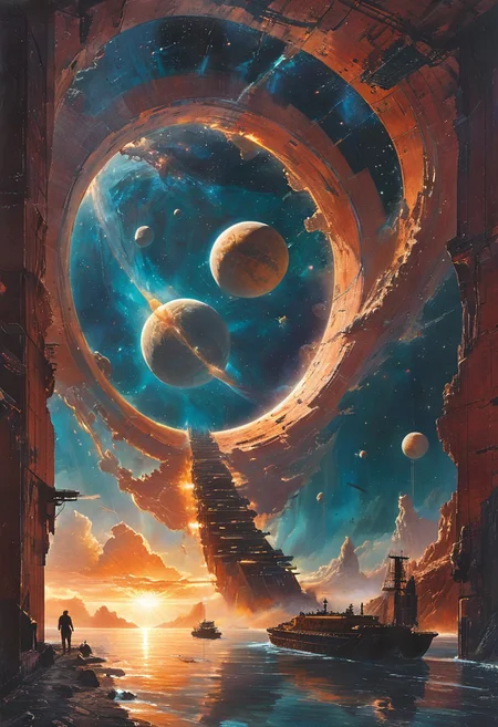 Cinematic concept-art, ultra-detailed, a colossal starship designed by Luis Barragan, its exterior a sleek, reflective surface that captures the iridescent hues of 'The Shimmer'—a cosmic phenomenon that warps space and time. The ship, christened 'Zima,' is on a centuries-long journey to a distant, uncharted planet. The design evokes the grandiosity of Gustav Eiffel, with massive, lattice-like frameworks that cradle the ship’s core. From an aerial view, the ship glides through a field of distant stars, its silhouette a perfect fusion of futuristic technology and timeless architectural elegance, a beacon of hope for the lost starculture aboard.
