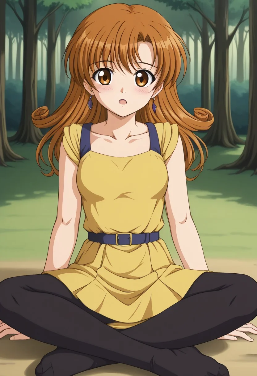 1girl, solo, otenbahimealena, brown hair, curly hair, brown eyes, long hair, yellow dress, collarbone, black pantyhose, outdoors, forest, agura, sitting, from front,, open mouth, parted lips, looking at viewer