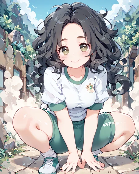 PonyScores7, source_anime, ah1, <lora:ekuuekuraXLlokr4fill:0.8>
BREAK 1girl, (curly hair), long hair, (black hair:1.3), mature female, (parted hair:1.7), (round face:1.2), (thick eyebrows), (curvy), round-chin, (greenish hazel eyes:1.4), caucasian, (downturned eyes:1.2), (plump face), messy hair, <lora:Round_face:0.1>, <lora:ETO_OCPonyXL:0.5> eto_oc, skindentation, (plump), thick thighs, wide hips, busty, voluptuous, kinky curls, lips, <lora:venus body PonyXL:0.4>, (shy, blush, smile, mischievous), (Crouching forward, hands on ground), (Hill in the Fog), looking at viewer, (buccaneer gym uniform),
BREAK <lora:xl_more_art-full_v1:0.2>, <lora:shinyskin2:0.2> glistening skin, <lora:aesthetic_anime_v1s:0.2>, <lora:Expressive_H:0.2> Expressiveh, <lora:hairdetailpxl:0.2> hairdetailpxl, <lora:EpicF4nta5yXL:0.2>, <lora:detailxl:0.2> detailxl, <lora:Fant5yP0ny:0.2>, best quality, amazing quality, best aesthetic, absurdres, <lora:expressive eyes:0.2> expressive eyes, <lora:eyedetailpxl:0.2> eyedetailpxl, illustration, Volumetric_Lighting, ultra-detailed, very aesthetic, intricate details, 8k, masterpiece, best_quality 
BREAK (High Angle (from behind) view Extreme Distance shot) 
BREAK <lora:Eyes_High_Definition:0.3> EyesHD, Stable_Yogis_PDXL_Positives, AS-Adult, <lora:Complicated fantasy portrait - XL Pony V2.0:0.4>, bad-hands-5