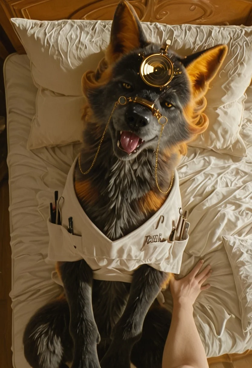 wolfdoc_wicked, 1girl, female black wolf, furry, feral, black and orange fur (white fur around muzzle), orange wolf ears, short orange hair, yellow eyes, black nose, black and orange tail, head mirror, golden glasses (glasses chain), white top (medical equipment on pockets),
score_9_up, score_8_up, score_7_up, BREAK, 1girl, solo, from above, head tilt, horny, on back, saliva, tongue out, looking at viewer, detailed background, masterpiece, best quality, 8k, Expressiveh, realistic, 3d, indoors, lying on bed, on back, pov, head on pillow, joint paws,