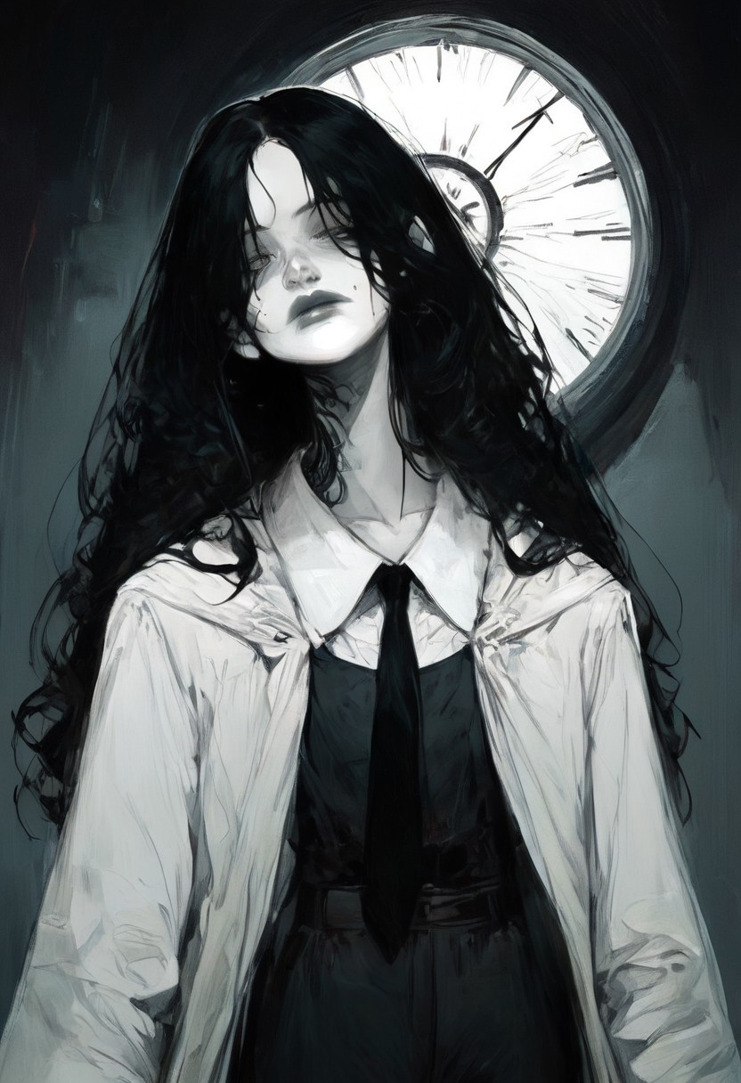 score_9, score_8_up, score_7_up, score_6_up, score_5_up, score_4_up, Gothic art style, GOTHIC, bloodborn artstyle, extreme detail, MartinaLOR, noir, ((gothic rococo art style)), Masterpiece,  Best Quality, 1girl, young girl, beautiful, high res image, perfection, negative_hand, white shirt, black necktie,  black hair, long hair, hair over eyes, black pants, black footwear, black suit and tie ,ng_deepnegative_v1_75t,  (extremely detailed face and eyes), professional lighting.  long black hair, long curly hair, formal, black sleeves, detailed clothing, pale skin, tired eyes, tired expression, soft face, (black white clock design eyes),  malevolent,  (cloak like markings on females face),  head tilt, dynamic, ,((dramatic composition)), dark lighting, dark atmosphere, black and white aura, dark undertones, STICHES, STICHED FACE, STICHES ACROSS FACE,