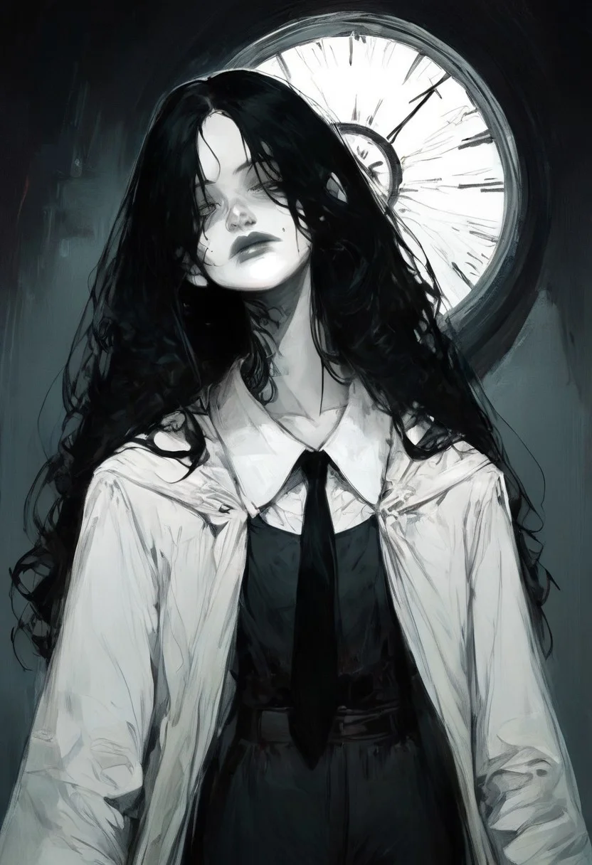 score_9, score_8_up, score_7_up, score_6_up, score_5_up, score_4_up, Gothic art style, GOTHIC, bloodborn artstyle, extreme detail, MartinaLOR, noir, ((gothic rococo art style)), Masterpiece, Best Quality, 1girl, young girl, beautiful, high res image, perfection, negative_hand, white shirt, black necktie, black hair, long hair, hair over eyes, black pants, black footwear, black suit and tie ,ng_deepnegative_v1_75t, (extremely detailed face and eyes), professional lighting. long black hair, long curly hair, formal, black sleeves, detailed clothing, pale skin, tired eyes, tired expression, soft face, (black white clock design eyes), malevolent, (cloak like markings on females face), head tilt, dynamic, ,((dramatic composition)), dark lighting, dark atmosphere, black and white aura, dark undertones, STICHES, STICHED FACE, STICHES ACROSS FACE,