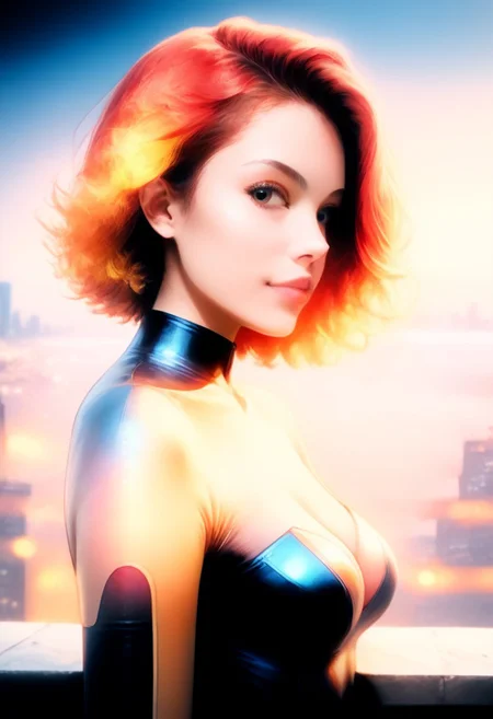 score_9, score_8_up, score_7_up, score_6_up, (cowboy shot:1.4), photorealistic, bokeh,  30yo women, solo, medium breasts, cleavage, short red hair, blond highlights, attractive, night , (leotard:1.4), (european:0.6), (brazilian:0.6), d3t41l3d, (neodark:1.2), looking at city, (from side:1.2), on rooftop, (C7b3rp0nkStyle:0.8), (Masterpiece:1.3) (best quality:1.2) (high quality:1.1), detailed face, looking at viewer