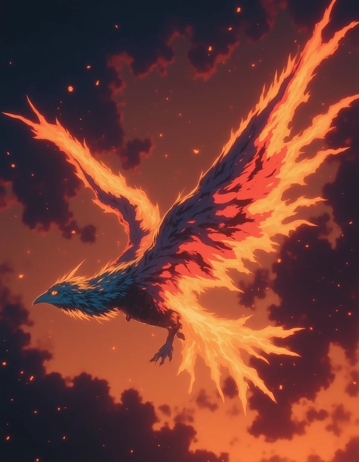 A phoenix soaring through a sky ablaze with the colors of dawn, leaving a trail of fire and sparks in its wake.,
<lora:NeonFantasyFLUX:0.8> ne0nfant4sy,