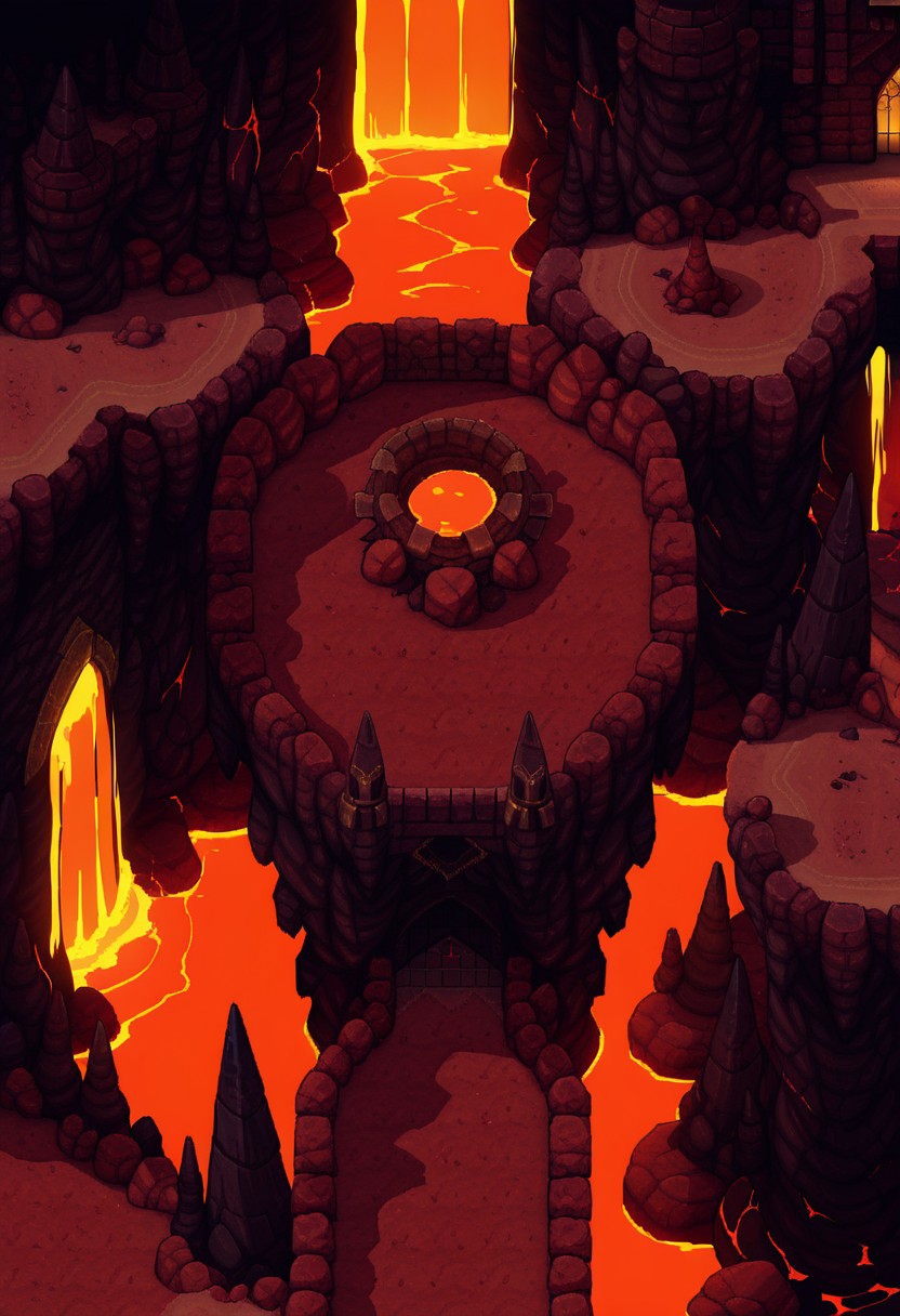 AMAZING QUALITY, MASTERPIECE, PARADOX PARALLAX, SCENERY, FROM ABOVE, DESERT, CASTLE, ROCKS, LAVA, MOLTEN