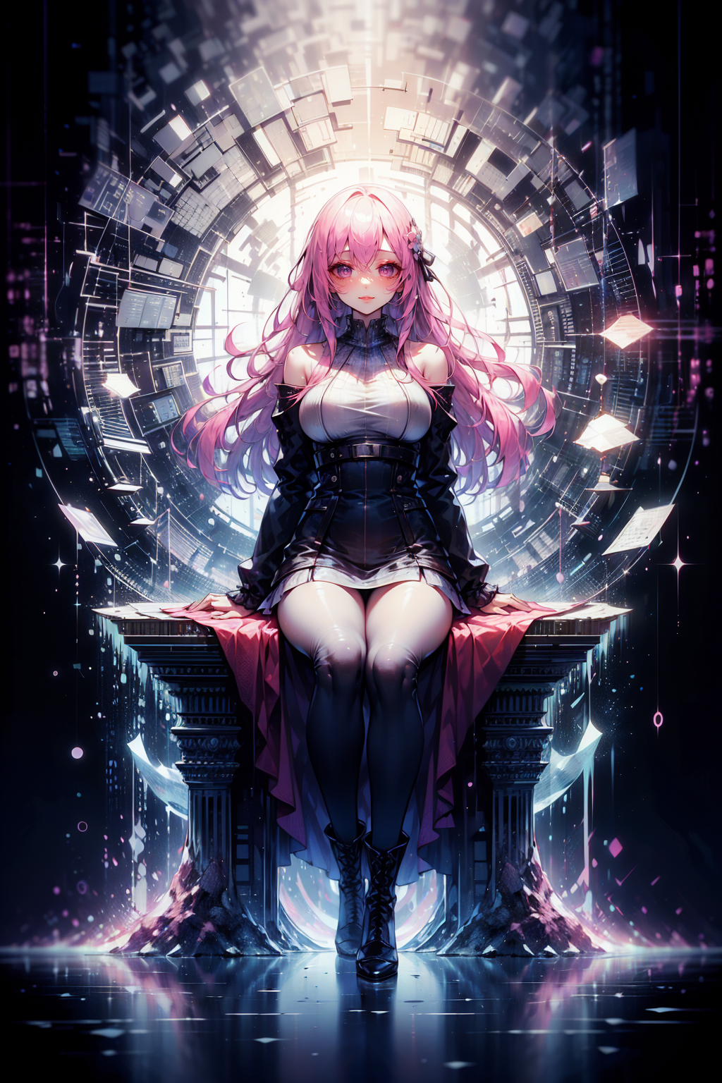 <lora:binarycode:0.7>,binary code and digital art,<lora:Cosmic anime-oil fusion v2:0.3>,, (masterpiece:1.2),(best quality:1.2),intricate details,newest,ai-generated,perfect anatomy,
beautiful girl,(1girl:1.3),space station,Secret Waterfall Hidden Behind a Veil of Vines,
edgQuality,<lora:GoodHands-beta2:1>,nice hands,perfect hands,, White gradient hair, Black and purple dip dye,Boho-Edgy: Leather jacket, flowy bohemian dress, and ankle boots.,
1girl,edgQuality,lr,8k,Best Quality,Masterpiece,Extremely Detailed,Ray Tracing,Reflected Light,
(delicate eyes:1.2),beautiful detailed eyes,cold attitude,eyeshadow,eyeliner,Iridescent eyes,(Beautiful face:1.1),(Naughty face:1.1),light_blush,blush,Long eyelashes,Thick eyelashes,Glowing skin and mature contours,(Seductive smile:1.1 ),(Big breasts:0.8),Big breasts,(Red lips:1.1),Milky white skin,
<lora:GoodHands-beta2>,beautiful hands,perfect hands,bursting_breasts,
<Lola:hyperdetailer_v095>,, White ombre hair, white to light purple ombre wig, (white to light purple ombre wig) purple ombre hair: 1.5), (ombre hair: 1.5), long hair, ombre hair, balayage, (white hair on top of the head :1.1),
,(white:2 | pink hair:1.1),balayage
