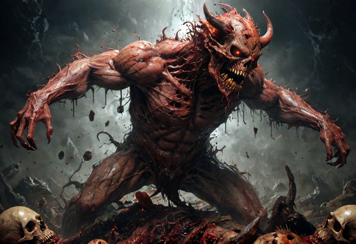 amazing quality, masterpiece, best quality, hyper detailed, ultra detailed, UHD, perfect anatomy, dof, hyper-realism, far away, full body, demon, beast, holding severed head, fear, massacre, horror, violent, gore, guts, blood, terrifying, disturbing, disgusting, evil, horrifying, nsfw, dark, death, cinamatic composition, soft shadows <lora:add-detail-xl:1.0>, <lora:extremely_detailed:1.2>