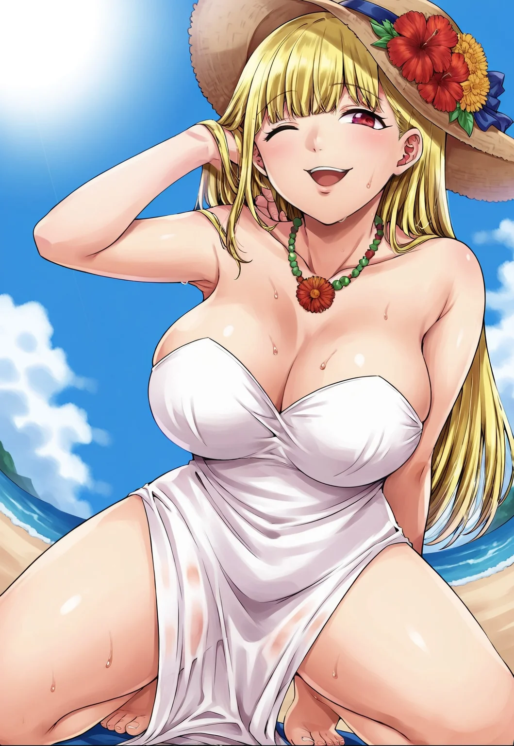 safe_pos, score_9, 1girl, large breasts, blonde hair, red eyes, winking, long hair, bangs, breasts, white flowy maxi dress, wide-brimmed hat, hand on headwear, shell necklace, kneeling, spread legs, leaning forward, twisty pose, feet, beach, beach waves, pale skin, wet, sweat, Narrow shoulders, outdoors, looking at viewer, from below, dutch angle, smile, open mouth, arms behind back