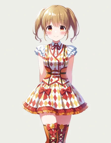 1girl, solo, cowboy shot, kawasaki sakura, idoly pride, idol costume, thigh boots, standing, arms behind back, looking at viewer, smile, blush, (simple background, white background), BREAK, <lora:iSakura:0.72>,
very aesthetic, high definition, amazing quality, masterpiece, best quality, highres, absurdres, sensitive, newest, anime screenshot, screencap