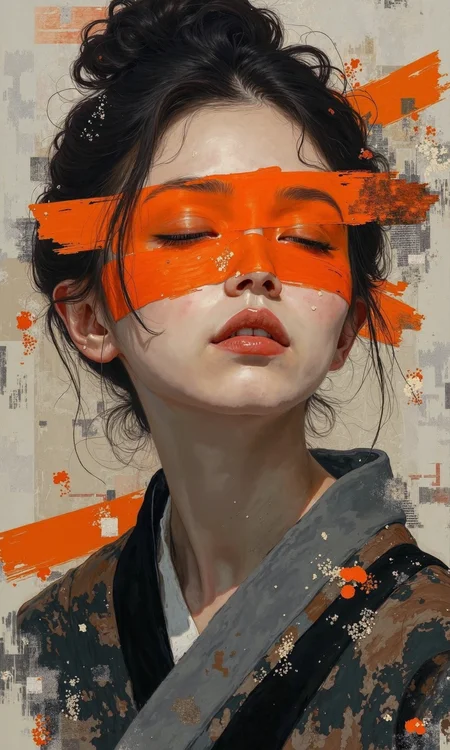 Close-up of a woman's portrait, likely a digital composite.
The woman's face is the central focus. Her expression is neutral, with her eyes closed. Large, bold strokes of orange paint are layered across her face, covering parts of her forehead, eyes, and cheeks, creating a stylized effect. Her skin tone is rendered in shades of gray and black. Her lips are a defined, reddish-pink.
Her hair is pulled back into a bun, dark in tone.
She wears a traditional-style garment, possibly a kimono or similar attire, which is depicted in shades of gray and black. Subtle details of the fabric, likely embroidery or patterns, are visible.
The background is a muted, light gray tone. Other graphic elements and paint-like brush strokes are incorporated in the image, creating an abstract effect particularly on the upper-right and at the sides, maintaining the theme of stylized, abstract shapes and colors., <lora:FLUX-daubrez-DB4RZ-v2:1> DB4RZ, DB4RZ style painting