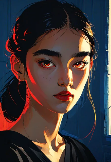 impactful paint of a young greek woman, from the side, looking at viewer, serene satiated expression, natural rim lighting, vibrant colors, reflections in eyes, <lora:The_Pulp_Session:0.8>,