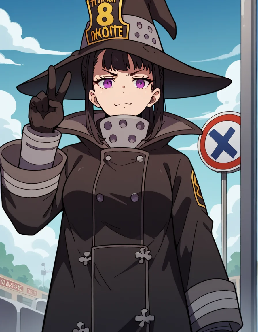 score_9, score_8_up, score_7_up, source_anime, <lora:maki-oze-s1s2-ponyxl-lora-nochekaiser:1>, maki oze, long hair, bangs, black hair, purple eyes, ponytail, medium breasts,, gloves, long sleeves, hat, black gloves, pants, coat, black headwear, witch hat, black coat, bus stop, waiting, commuter, smartphone, checking time, cold morning, , v, v over mouth, smug,, looking at viewer, solo,, dutch angle, cowboy shot