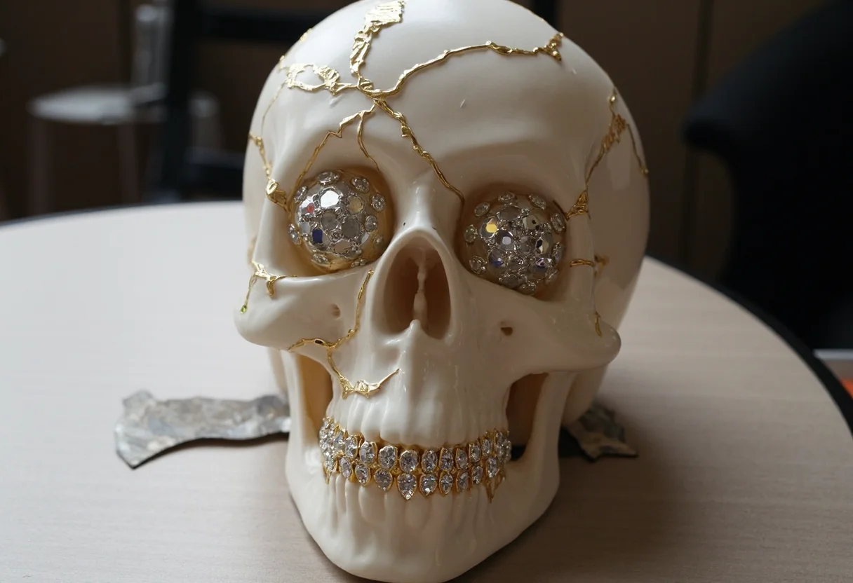 white skull with golden cracks on white, diamonds in eyelids, diamonds instead of teeth, made out of iced out jewelz, on the table, room background, overexposed, amateurish photo