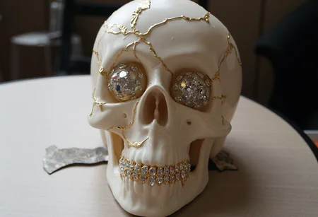 white skull with golden cracks on white, diamonds in eyelids, diamonds instead of teeth, made out of iced out jewelz, on the table, room background, overexposed, amateurish photo