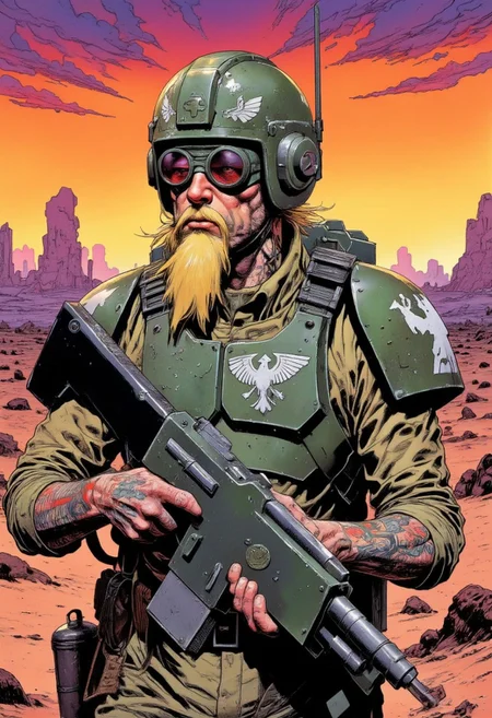 solo, warhammer 40,000, an illustration of member of the imperial guard, body armor, helmet, round sunglasses, lasgun, red-dot sight on top of lasgun, aquila emblem on chestplate, white shoulder markings, ammunition pouches, knife scabbard, wearing grenades, Sleeves rolled up above elbows, mandarin collar, olive drab uniform, kneepads, combat boots, tattooed forearms, full beard, well-groomed, blonde, post-apocalyptic background, desert, in style of comic book, flat colors, Psychedelic Portrait, Colorful, Psychedelic Style, The phrase "Murder Patrol" is hand-painted on his helmet, sunset, volumetric lighting, profile, side-view,