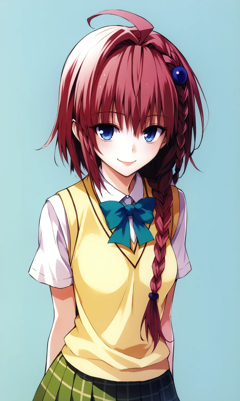 score_9, score_8_up, score_7_up, yabukikentarou, BREAK
kurosaki mea, blue eyes, red hair, long hair, braid, ahoge, medium breast, school uniform, skirt, sweater vest, looking at viewer, light smile, portrait,
<lora:YabukiKentarou_Pony_V2:1>
