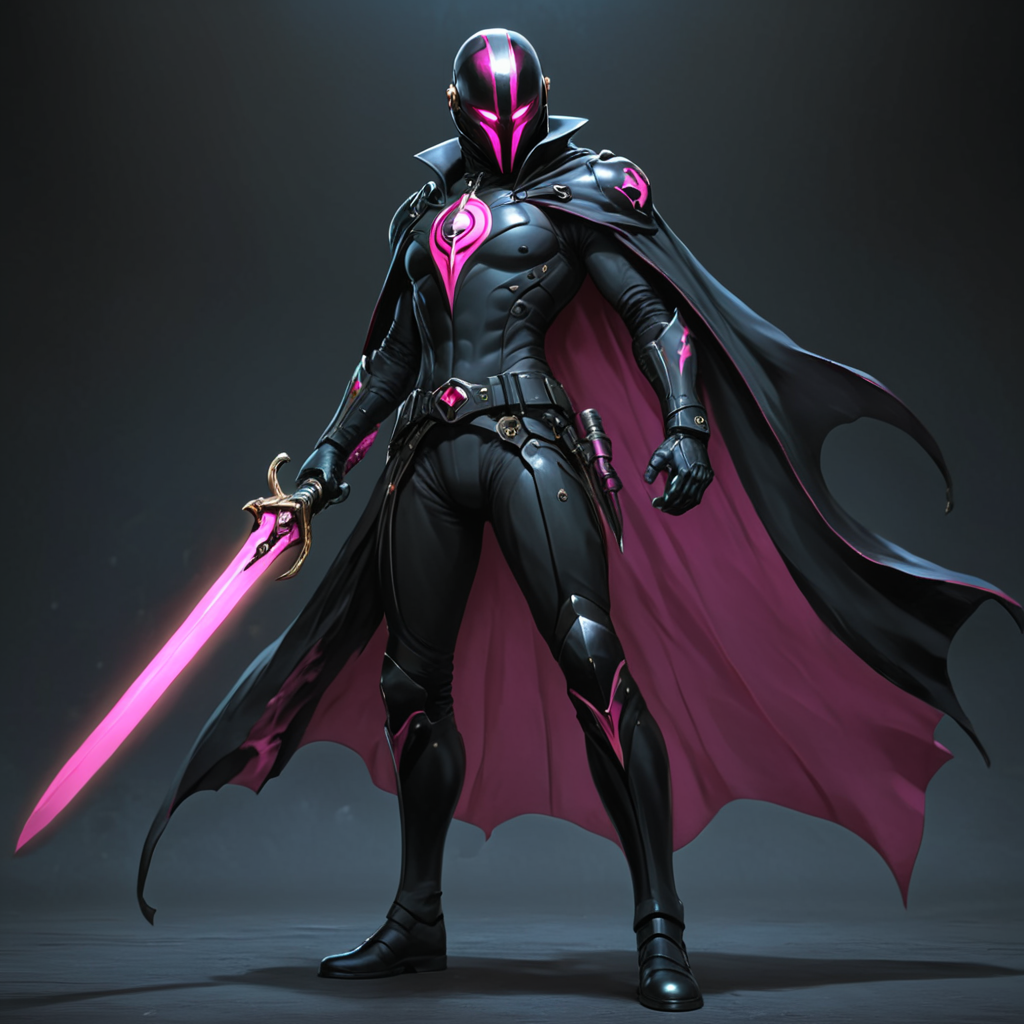 <lora:Crimson_LuminarySDXL:1> ArsMJStyle, Crimson Luminary, The image shows a man in a black suit holding a pink sword in front of a dark background. He is wearing a mask and is standing in a heroic pose ready to take on any challenge. The image is animated giving it a dynamic and powerful feel., weapon, holding, sword, solo, holding weapon, cape, holding sword, 1girl, black cape, helmet