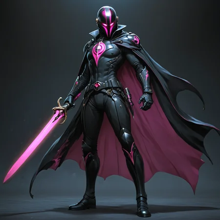 <lora:Crimson_LuminarySDXL:1> ArsMJStyle, Crimson Luminary, The image shows a man in a black suit holding a pink sword in front of a dark background. He is wearing a mask and is standing in a heroic pose ready to take on any challenge. The image is animated giving it a dynamic and powerful feel., weapon, holding, sword, solo, holding weapon, cape, holding sword, 1girl, black cape, helmet