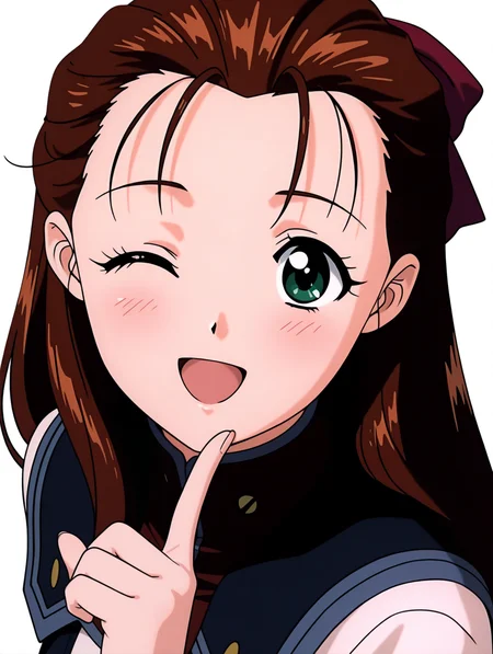 masterpiece,best quality,newest,1girl,solo,
<lora:miho_miho_ilxl_v1.2:1>,miho_miho,green eyes,m_clothes,
anime screencap,
<lora:Fixhands_anime_bdsqlsz_V1:1>,looking_at_viewer,upper_body,face_focus,dynamic_angle,cinematic_angle,finger to own chin,light_blush,one eye closed,white_background,simple_background,:d,open mouth,