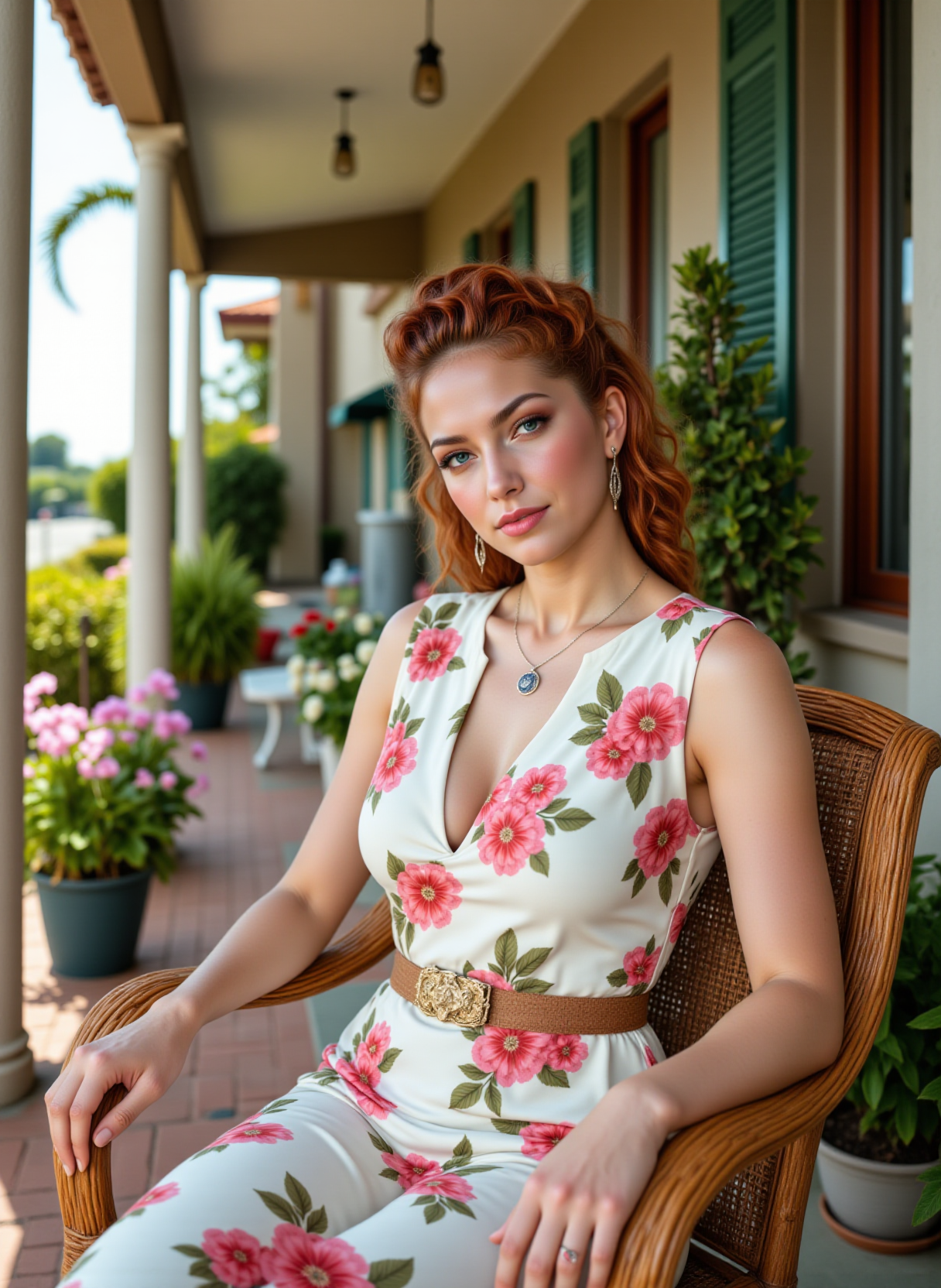 full body view, She is approximately 18 years old,  photoshoot poses, dynamic angles, multiple angles, photoshoot poses; a photo of Gloria_older_HR, a woman with red hair, and earrings. Busty breasts, she is wearing a white flower printed dress, she is sitting on the front porch in a wicker chair, there are potted flowers lining the porch, She is wearing a necklace. Style: realistic hyper-detailed rendering, 32k UHD, expressive eyes, punk, graphic design, girl's face, pretty and cute, gleaming lips, telling a tale of adventure. Exuding confidence and serenity. The overall mood of the image is happy and relaxed,detailed skin texture,(blush:0.2),(goosebumps:0.3),subsurface scattering,with a playful and whimsical tone,Detailed hand, perfect hands, Niji style, retro50s_style, 