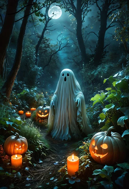Charming ghost, photorealistic, woodland scene, detailed plants, dim lighting, whimsical ambiance, ultra-high resolution, natural colors, cinematic shot, close-up view, medium shot, wide-angle view, low-angle shot, high-angle shot, expressive eyes, smooth textures, gentle glow, magical atmosphere, balanced composition, dynamic flow, peaceful vibe, enchanted forest, at night, halloween, pumpkins, candles,
<lora:zavy-cntrst-sdxl:1> dark, chiaroscuro, low-key <lora:SDXLHighDetail_v5:1> <lora:dark_weather:1>