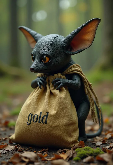 A Cinematic Photography. Kodak Motion Picture Film style, Analog photography
Over saturated Photo of a small Pixie Like weird creature With an old school robber Mask trying to carry a was too large Sack With The Word "gold" on it,
