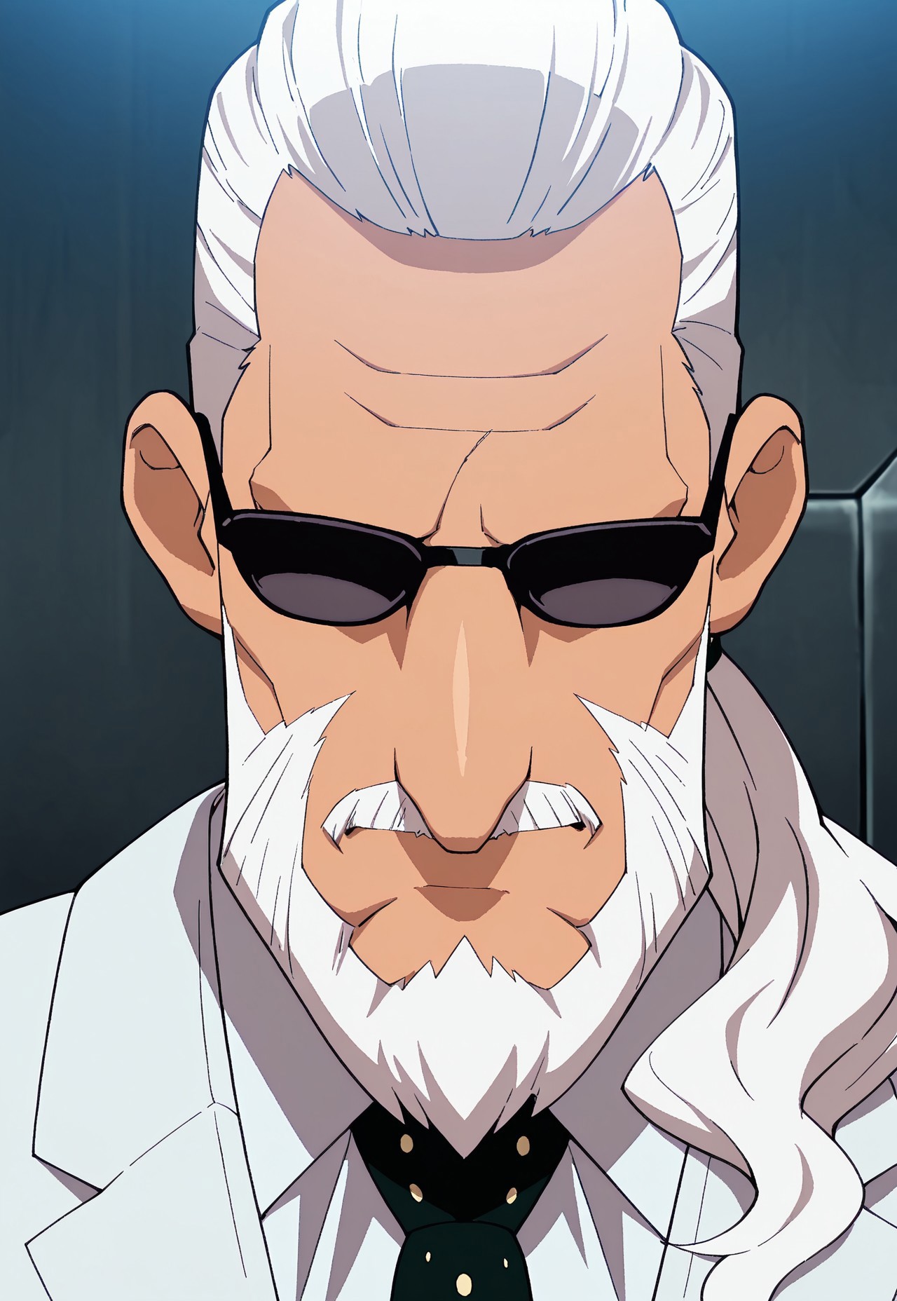 solo, masterpiece, detailed, uwa, huge filesize, ultra hd, best quality, (absurdres, highres), 1boy, official art, bright, male

InaGoReiji, white hair, beard, sunglasses, suit, necktie, portrait, headshot, facing viewer, no eyes